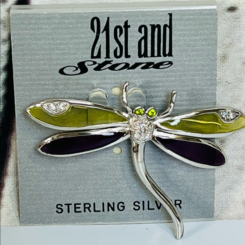 New 21st And Stone Sterling Silver Dragonfly Brooch